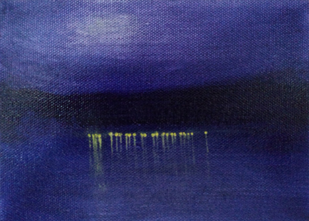 Across the Lake Oil Landscape Painting by Harold Roth; painting of night showing lights of village across a lake