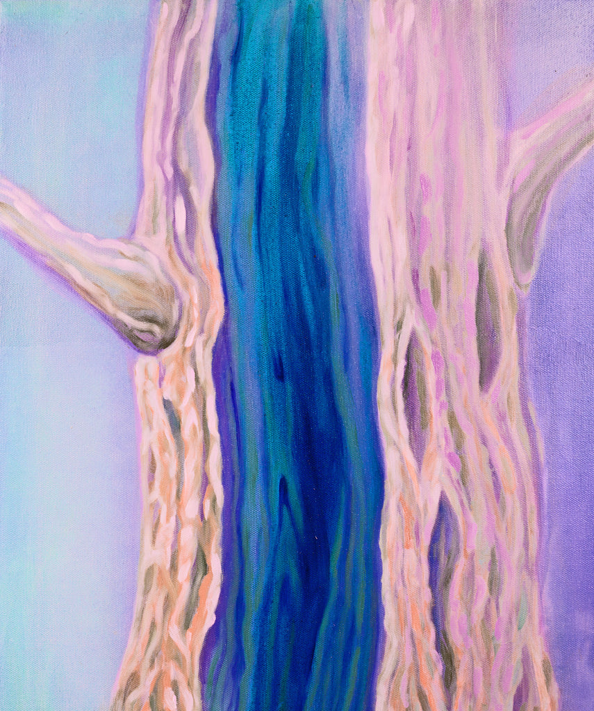Blasted Tree Oil Landscape by Harold Roth; tree with pink park and blue interior