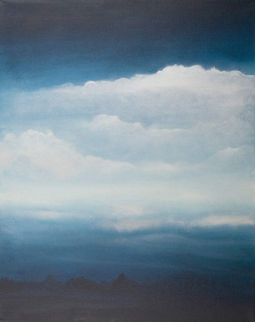Break in the Storm Oil Landscape Painting by Harold Roth; a thick bank of white clouds move in over a dark landscape, bringing rain