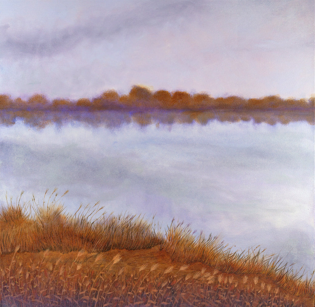 Across the River Seekonk Oil Landscape Painting by Harold Roth; painting of fall view of a placid river