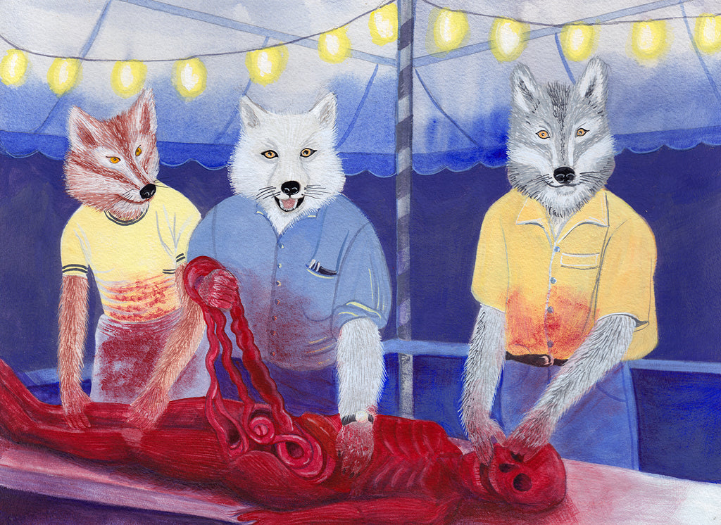 At the Werewolf BBQ Original Surrealist watercolor painting by Harold Roth; werewolves butching a flayed human being at an outdoor barbecue